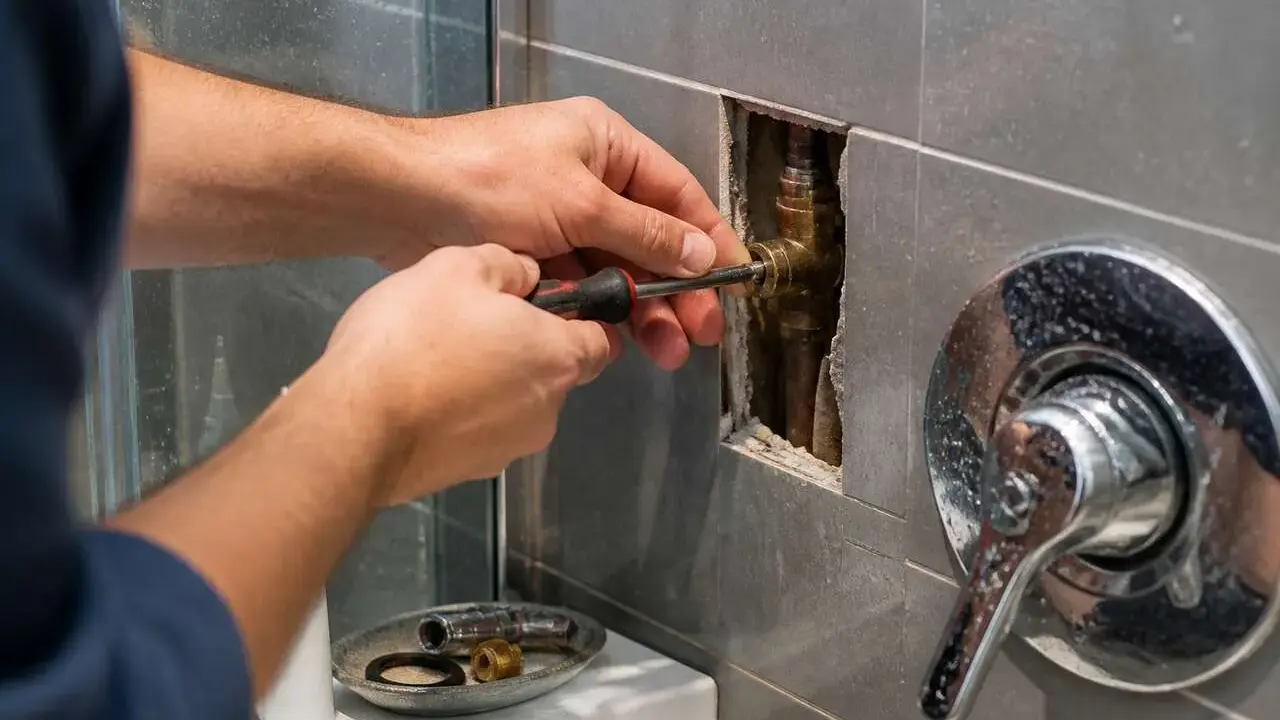 Main tenant utilise un tournevis pour installer une colonne de douche. Les tuyaux en laiton sont visibles dans le mur.