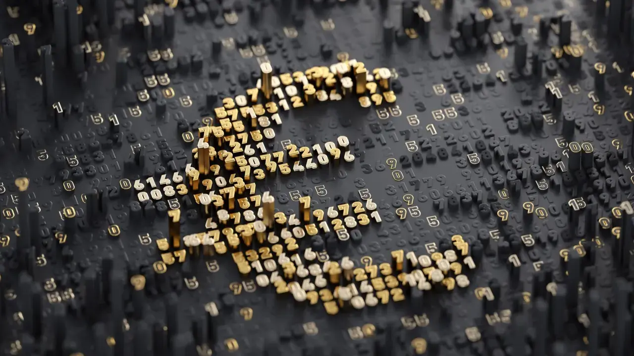 Złoty symbol euro wyrasta z cyfrowego krajobrazu liczb, symbolizując potęgę pieniądza cyfrowego.