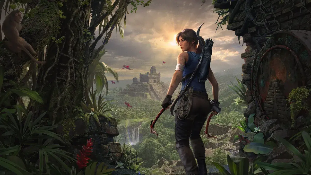 Lara Croft w dżungli, przed starożytną piramidą. To jedna z fajniejszych gier świata, pełna przygód i tajemnic.