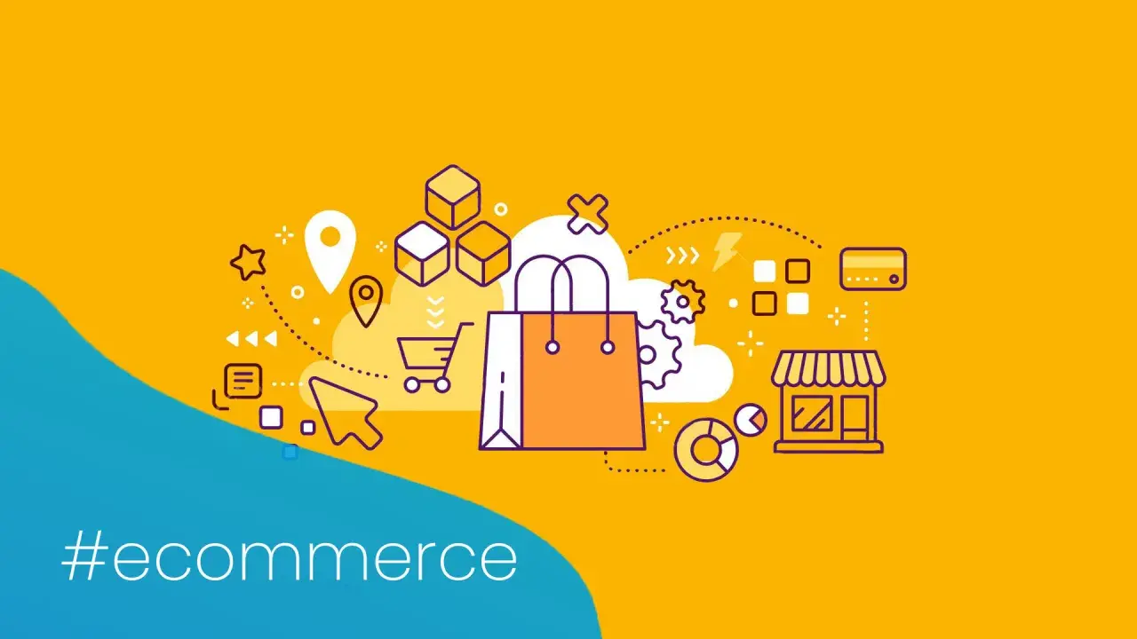 Grafika ilustruje procesy e-commerce, od lokalizacji po płatność, z naciskiem na up selling i budowanie relacji z klientem.