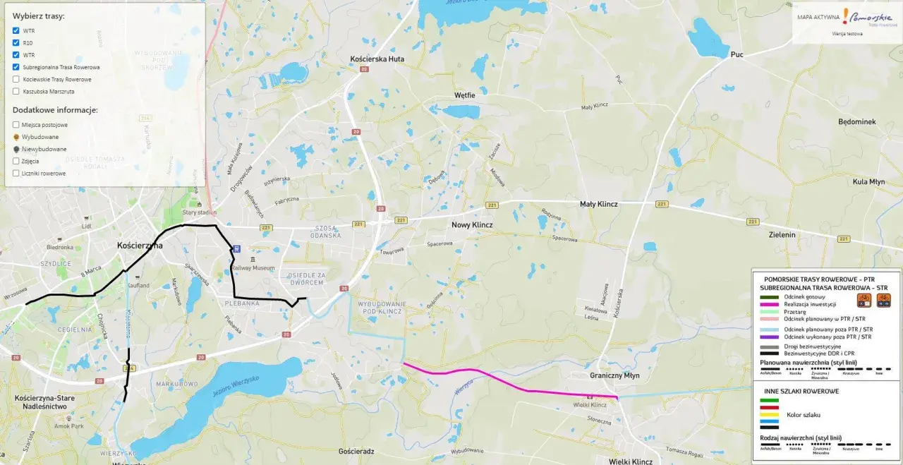 Mapa Pomorskich Tras Rowerowych (PTR) i Subregionalnej Trasy Rowerowej (STR) z zaznaczonymi odcinkami gotowymi i planowanymi. Widoczna Kościerzyna i okolice.