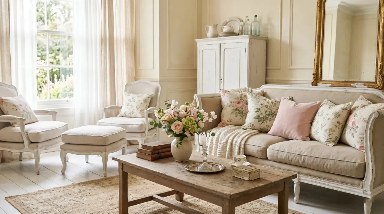 Un salon cosy et lumineux, ambiance intérieur shabby chic. Canapé beige, fauteuils, coussins fleuris et un bouquet de roses.