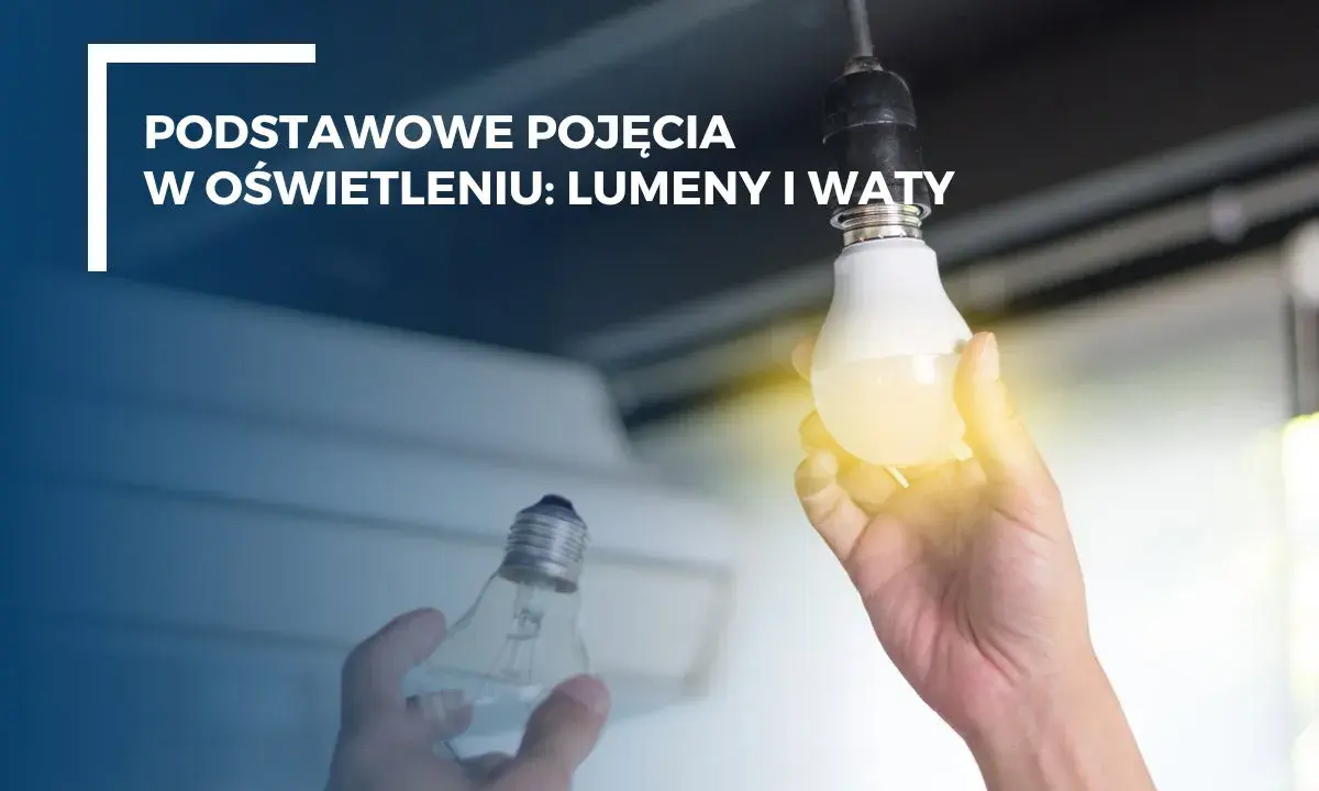 Ręka trzyma żarówkę LED, obok druga żarówka. Tekst: "Podstawowe pojęcia w oświetleniu: lumeny i waty". Dowiedz się, jak obliczyć waty.