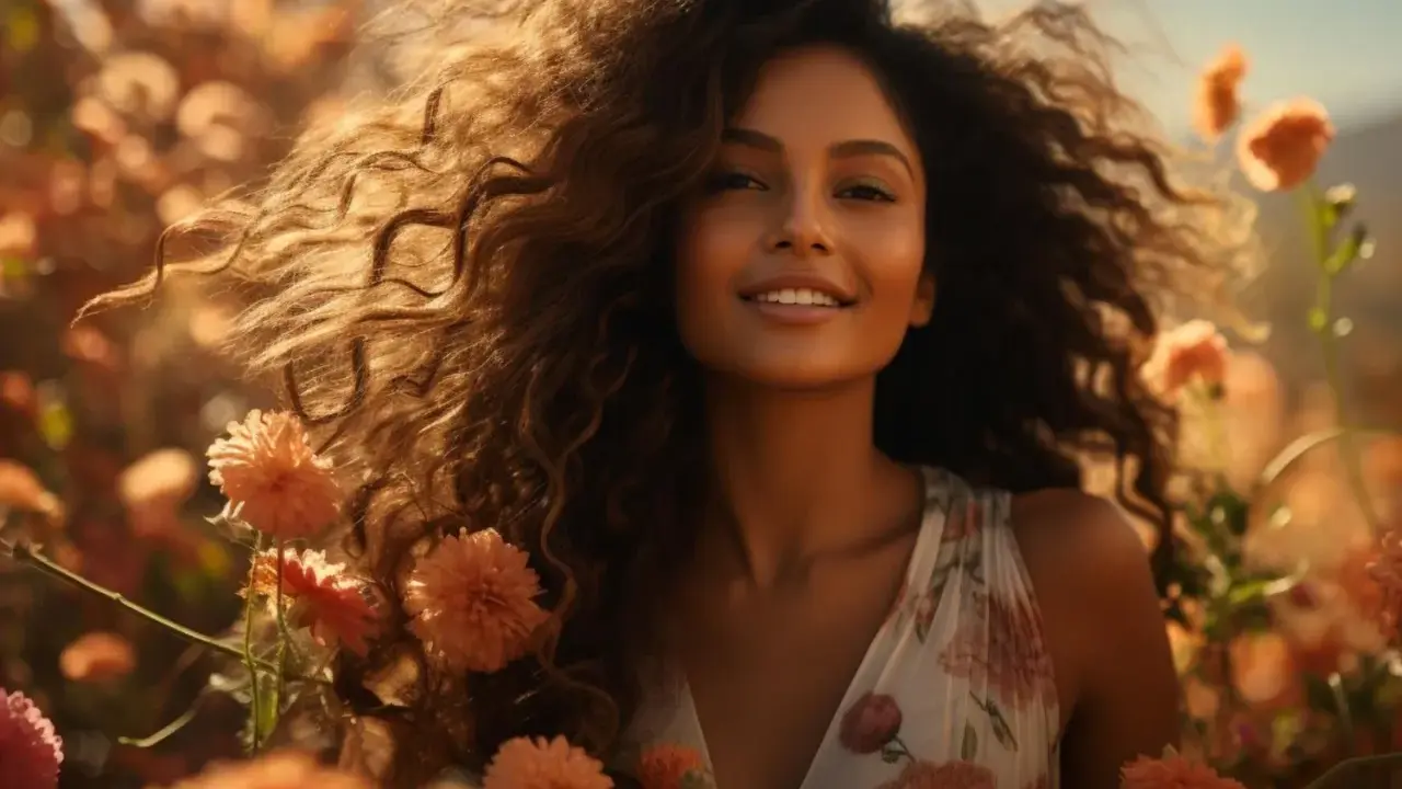 Une jeune femme souriante, entourée de fleurs orangées, ses **cheveux épais** ondulant au vent.
