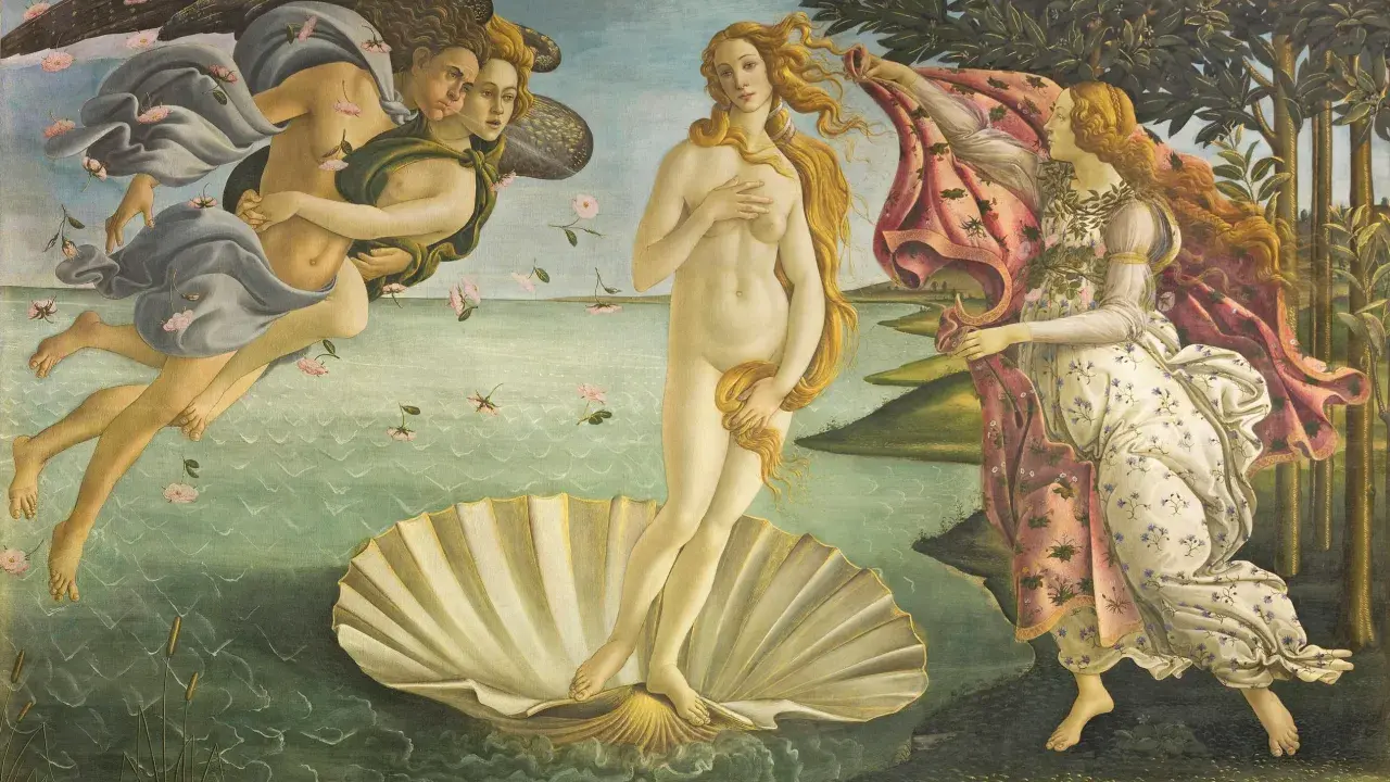 La Nascita di Venere agli Uffizi: Venere su una conchiglia, spinta da Zefiro e Aura, accolta da una ninfa.
