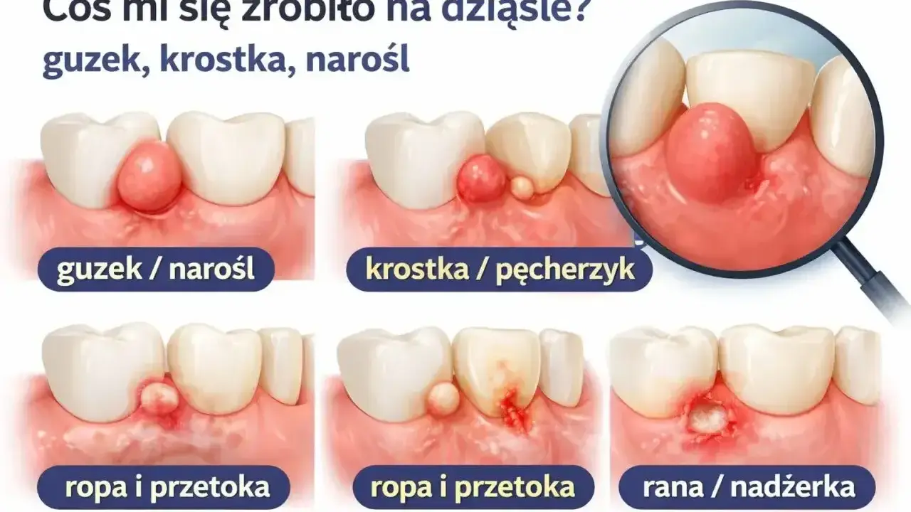 Ilustracja pokazuje różne zmiany na dziąśle: guzek, krostkę, ropę i przetokę, a także ranę. Widoczny jest ząb w dziąśle z guzem.