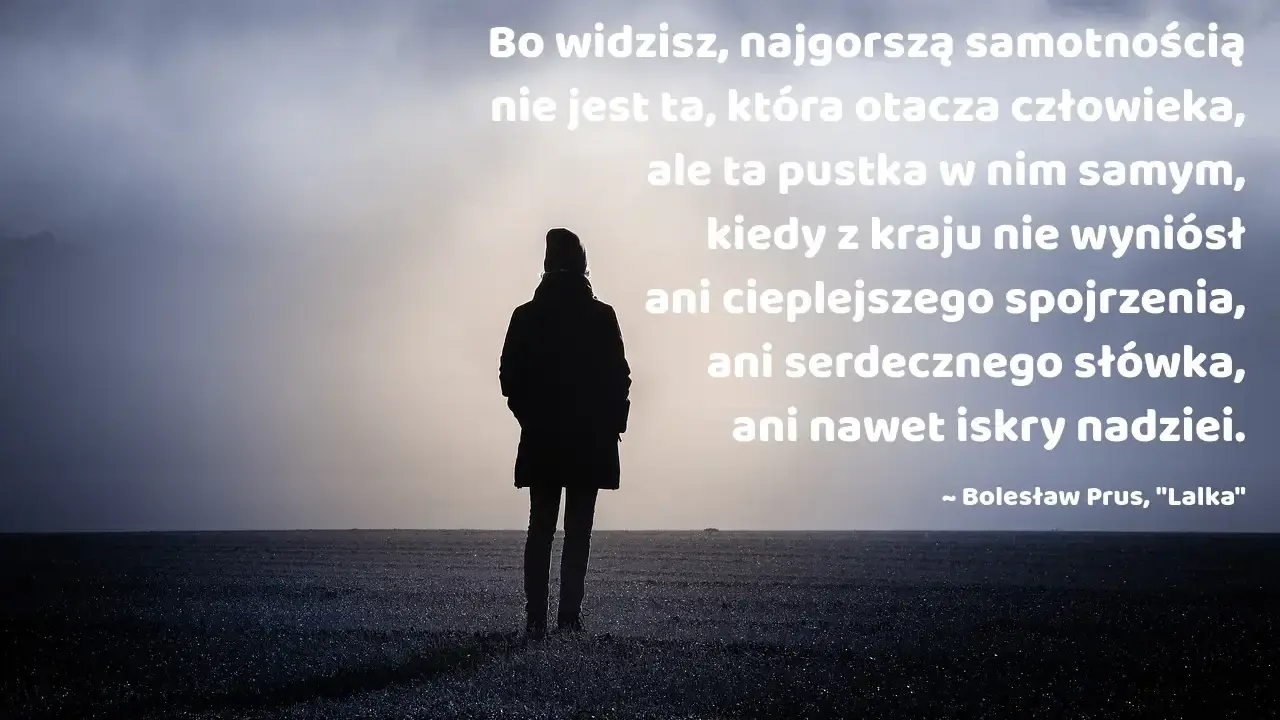Samotność cytaty: postać w polu, w tle mgła i słońce. Najgorsza samotność to pustka w sercu, brak ciepła i nadziei.