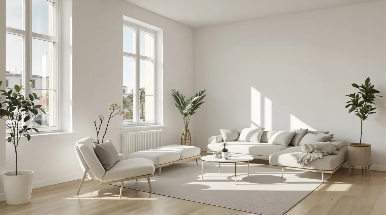 Un salon lumineux et aéré, typique d'un appartement traversant, avec un canapé modulable, un fauteuil, une table basse et des plantes vertes.