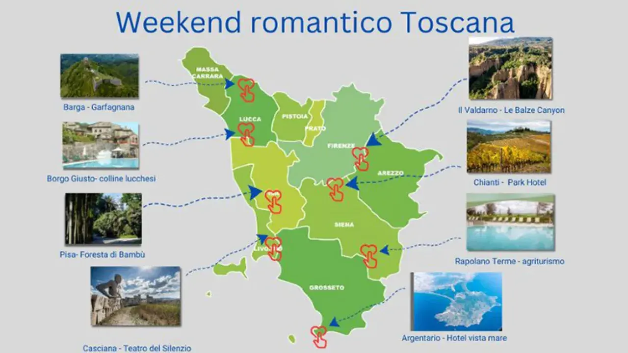 Mappa dei borghi vicino Siena e altre mete romantiche in Toscana, con immagini di castelli, canyon, vigneti e agriturismi.
