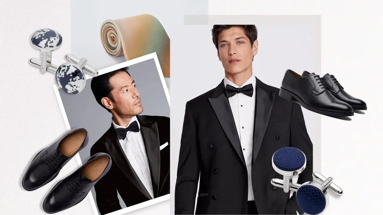 Black tie meaning: a formal ensemble featuring tuxedos, bow ties, dress shoes, and elegant cufflinks.