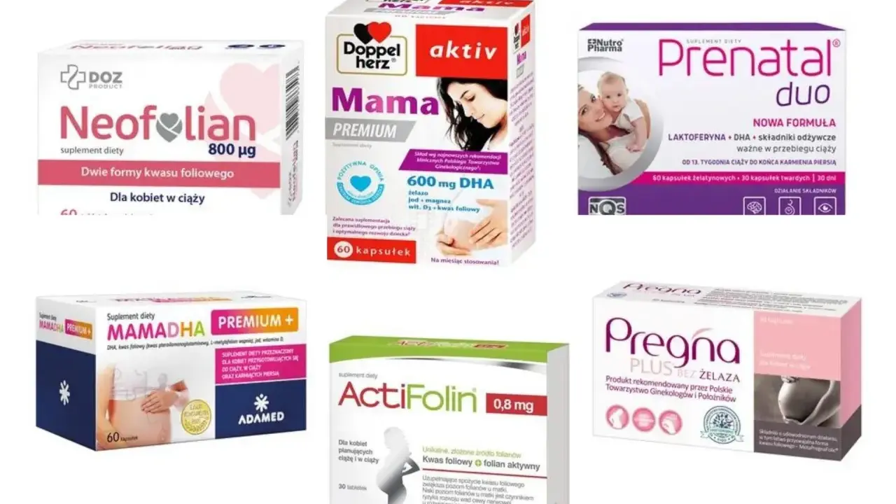 Suplementy diety z kwasem foliowym dla kobiet w ciąży: Neofolian, Doppel Herz Mama Premium, Prenatal Duo, MAMADHA PREMIUM+, ActiFolin, Pregna Plus.