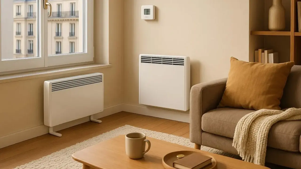 Deux radiateurs électriques modernes dans un salon cosy, offrant une solution d'économie de chauffage intelligente.
