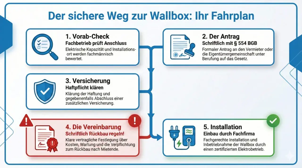 Schritt-für-Schritt-Anleitung für den sicheren Wallbox Anschluss: Vorab-Check, Antrag, Versicherung, Vereinbarung und fachgerechte Installation.