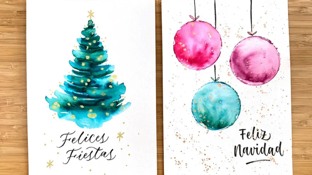 Dos postales navideñas: un árbol verde con adornos dorados y "Felices Fiestas", y tres esferas rosas y turquesas con "Feliz Navidad". ¡Una postal navidad facil y hermosa!