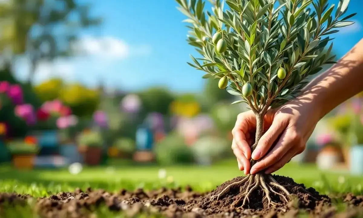 Mains plantant un jeune olivier, ses racines exposées, dans une terre fertile. Quelle terre pour un olivier ? Celle qui promet une belle récolte.