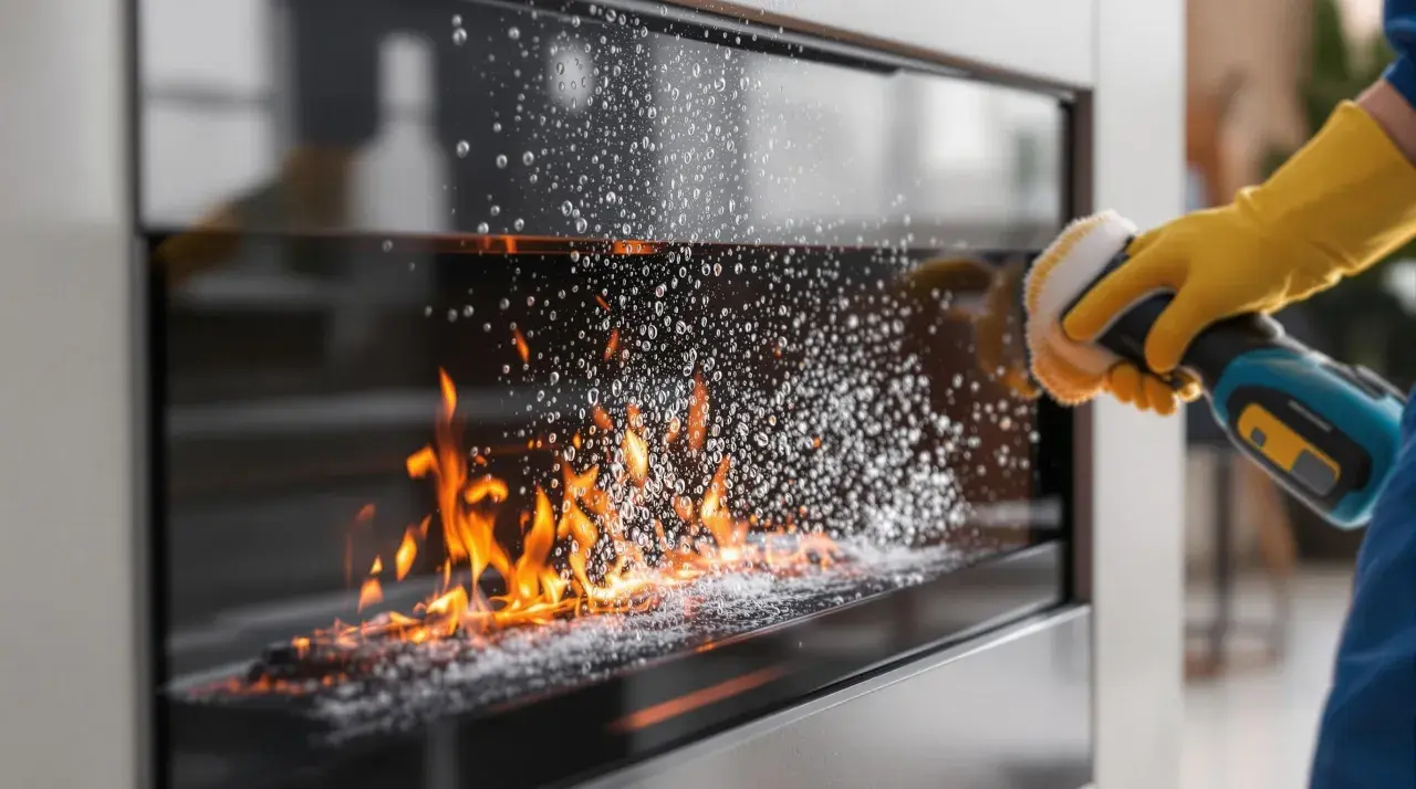 Mano con guante amarillo limpiando el cristal de la chimenea con un cepillo eléctrico. Las llamas arden detrás del cristal cubierto de burbujas.