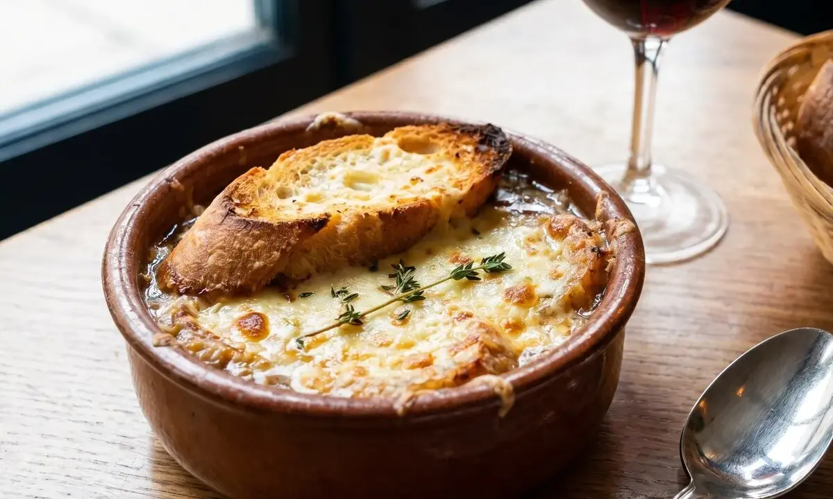 Un cuenco de sopa de cebolla gratinada con pan tostado y queso derretido, adornado con tomillo. Una copa de vino tinto y una cuchara completan la escena.