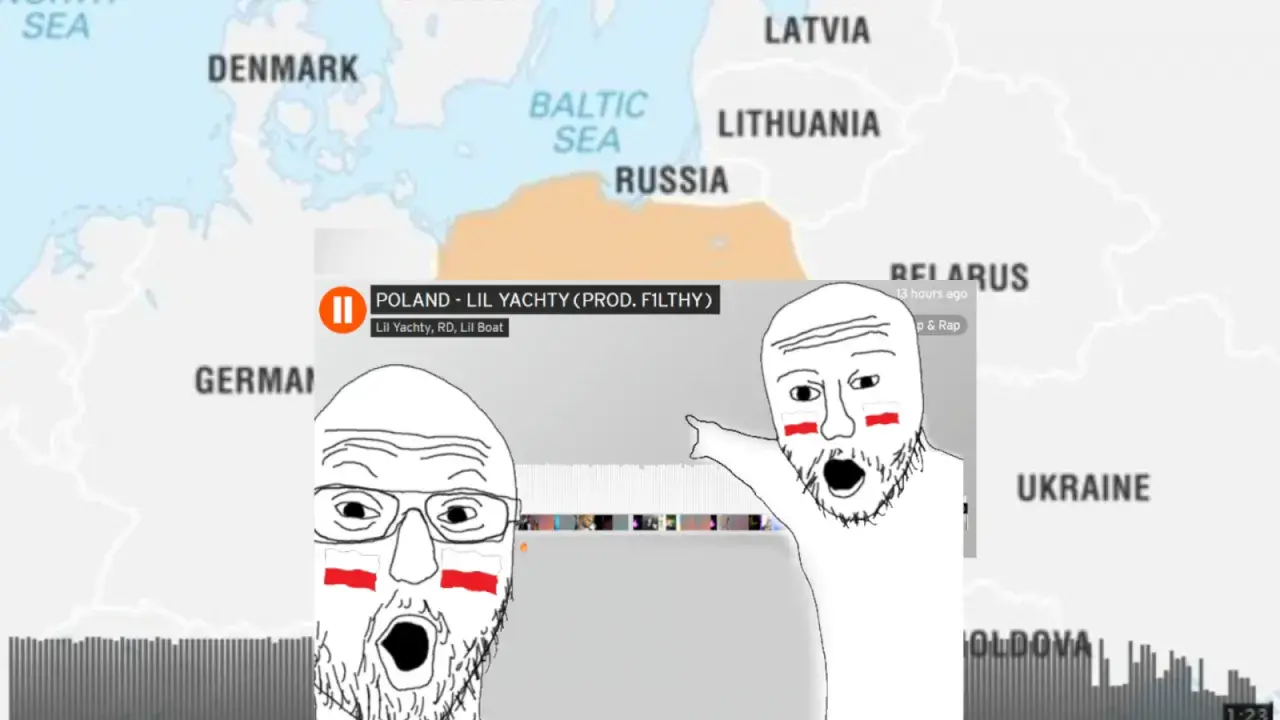 Dwaj Polacy z flagami na twarzach reagują na "Lil Yachty Poland". Mapa Europy w tle.