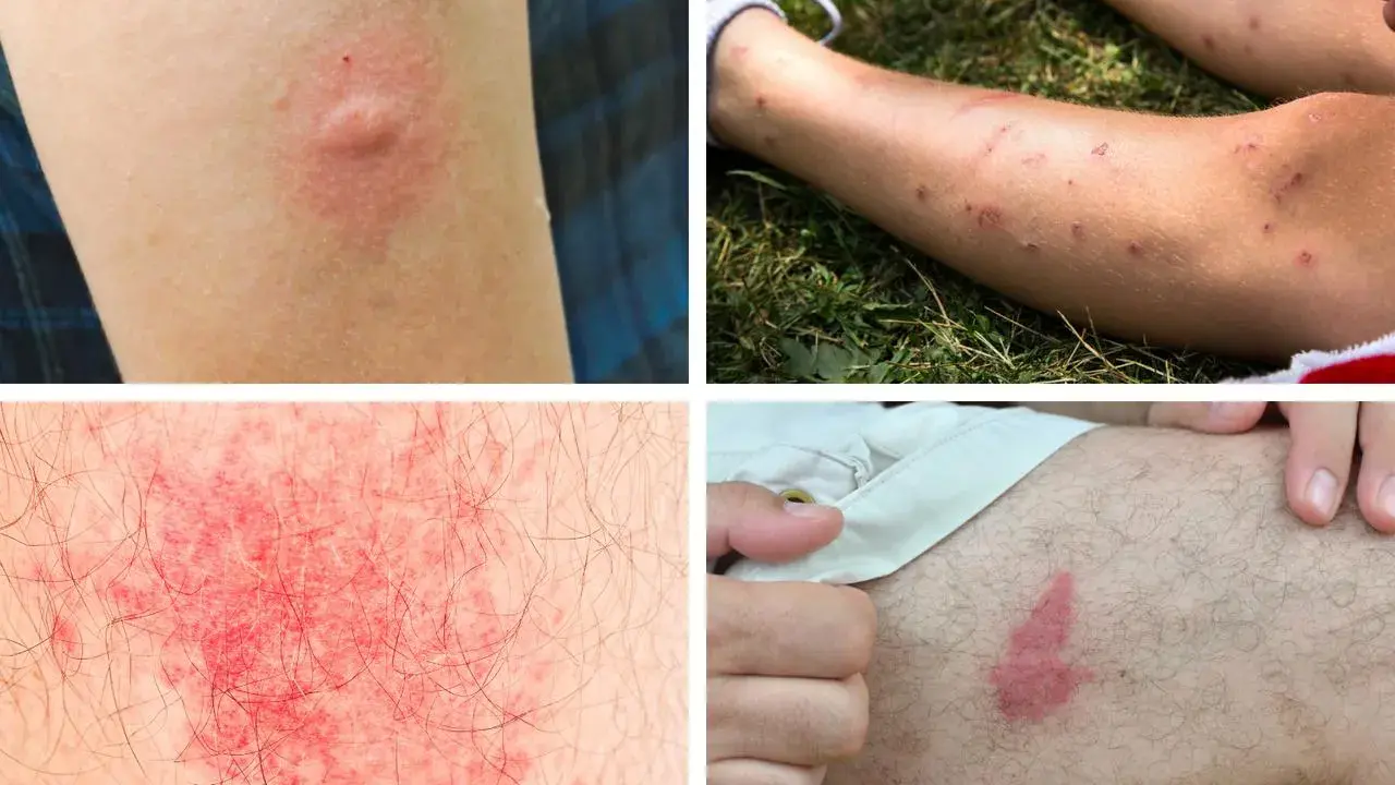 Plusieurs réactions cutanées, dont une piqure de moustique infectée, montrent une inflammation et des rougeurs sur la peau.