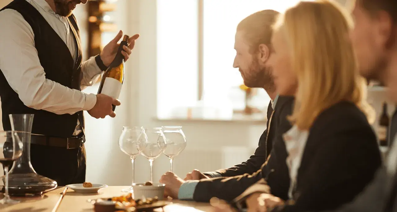 Ein Sommelier präsentiert eine Weinflasche. Die Bedeutung eines Sommeliers liegt in der Weinberatung und -auswahl.
