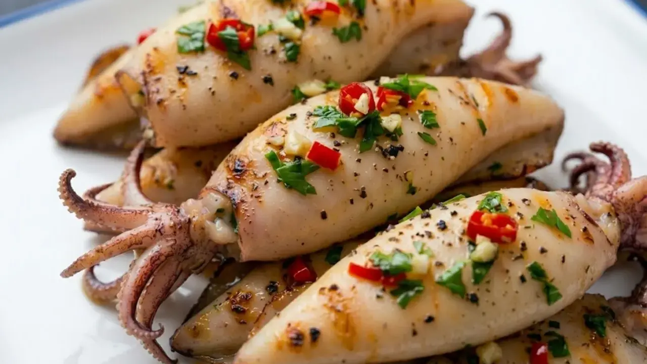 Gebratene, tiefgefrorene Calamari mit Chili und Petersilie aus der Pfanne, ein köstliches Gericht.