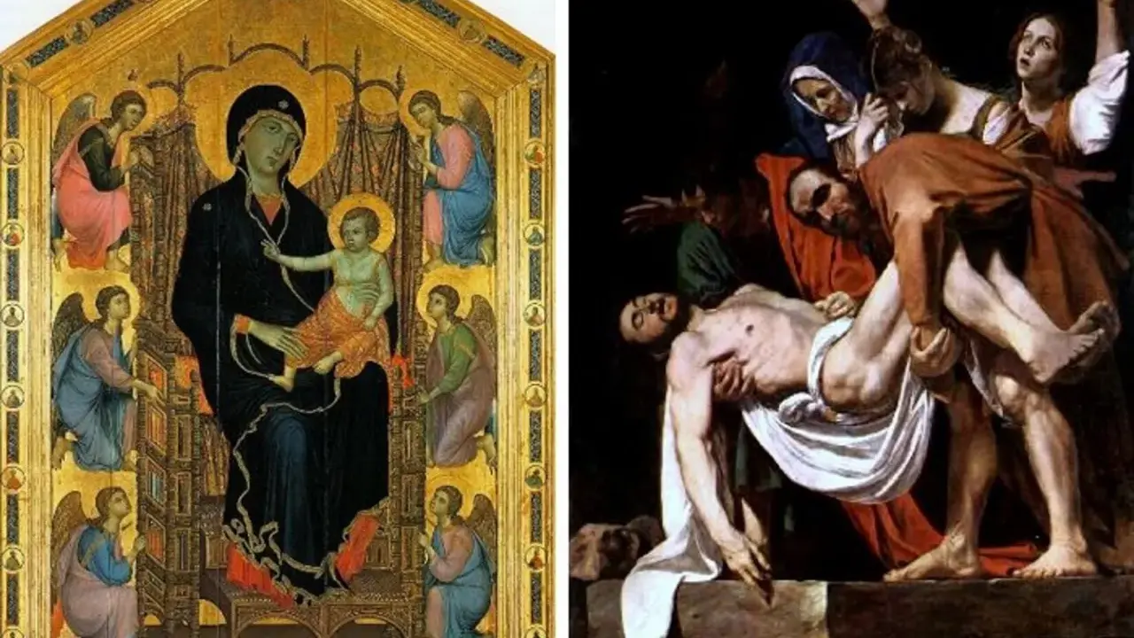 Madonna z Krużlowej, otoczona aniołami, obok sceny złożenia Chrystusa do grobu.