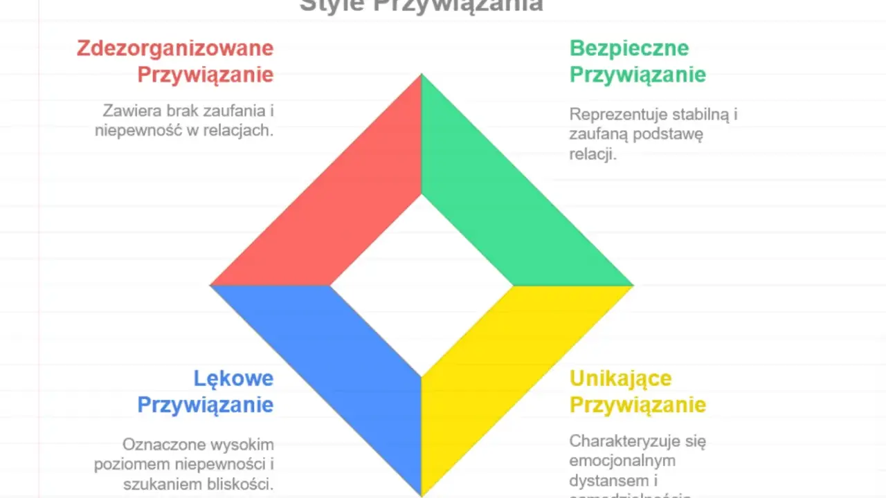 Diagram przedstawia cztery style przywiązania: bezpieczne, lękowe, unikające i zdezorganizowane.