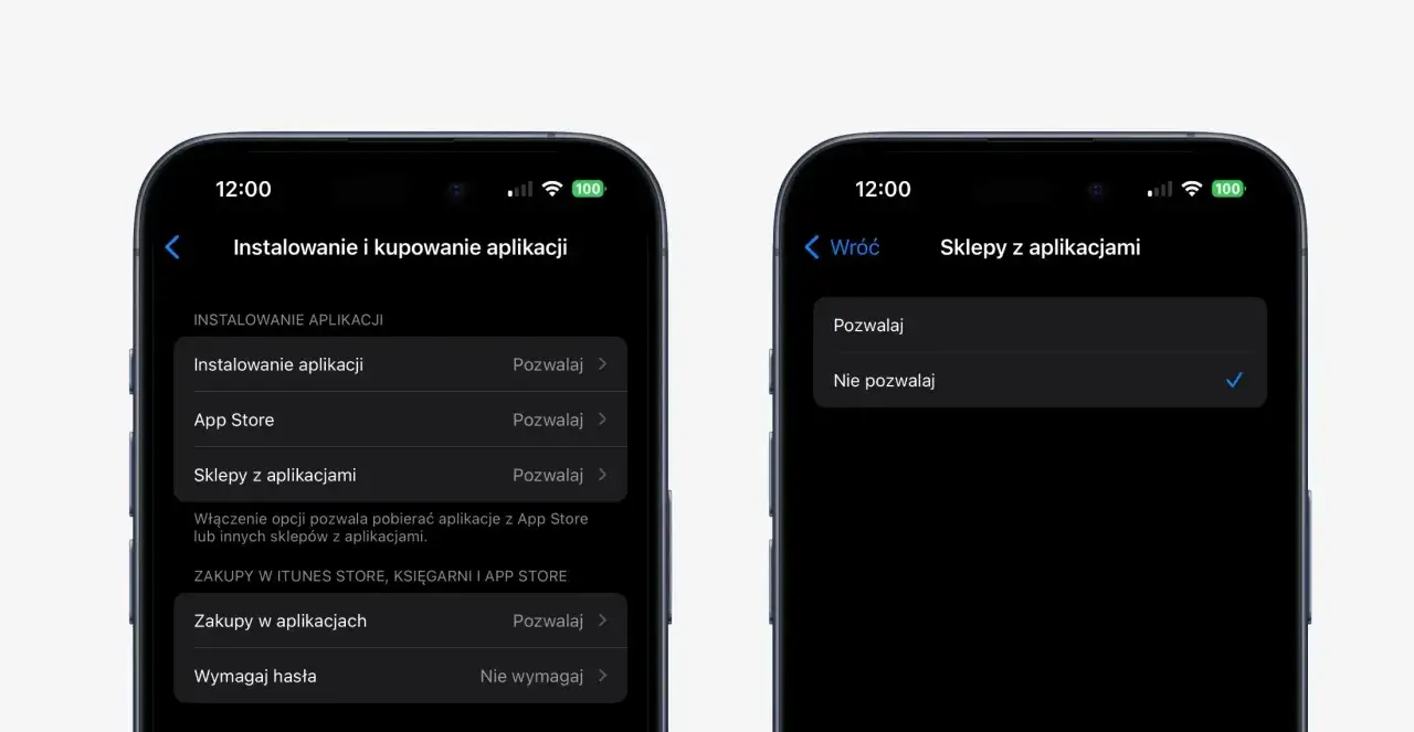 Ustawienia telefonu: instalowanie aplikacji z nieznanych źródeł. Wybór opcji "Pozwalaj" dla sklepów z aplikacjami.