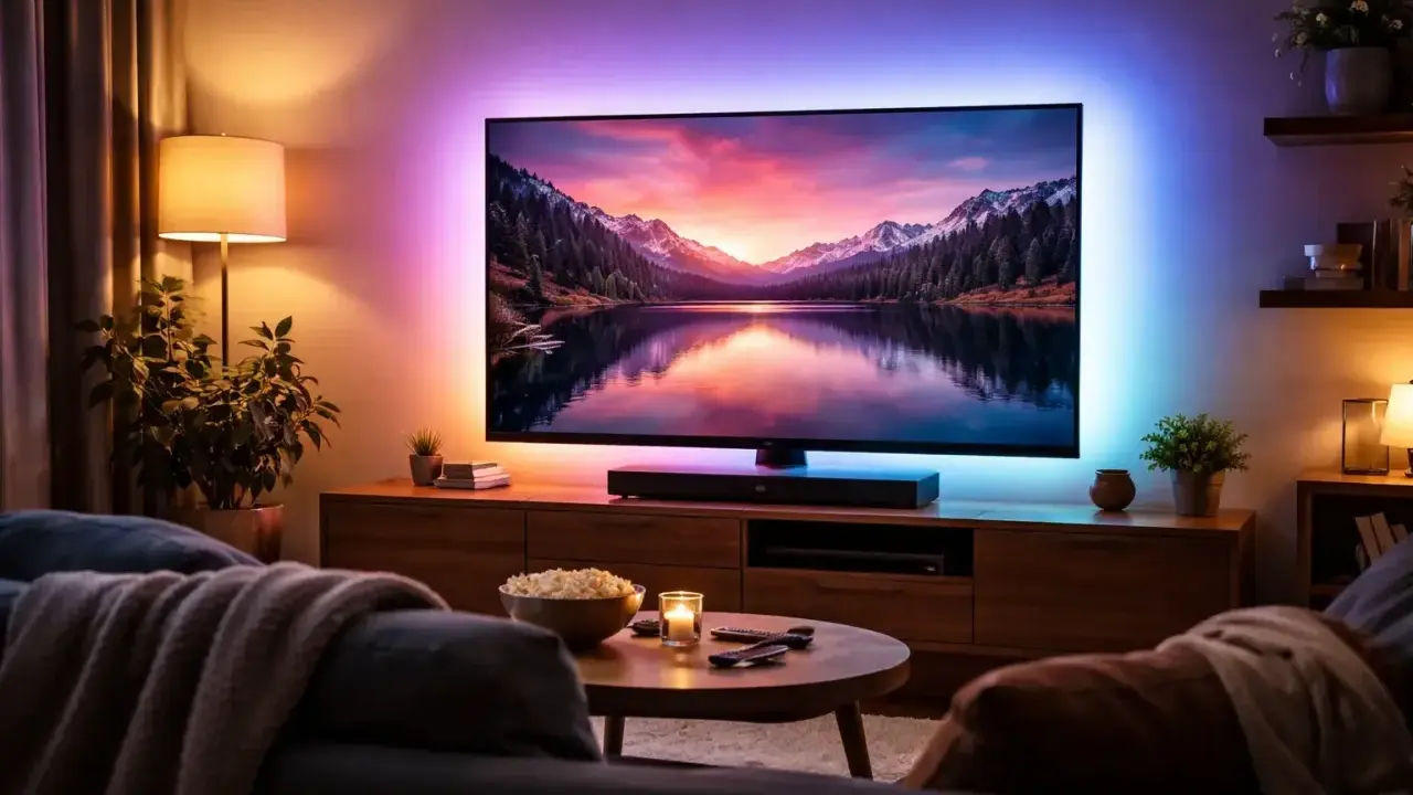 Relaks w salonie z kolorowymi lampami nad telewizorem, tworzącymi nastrojową atmosferę.