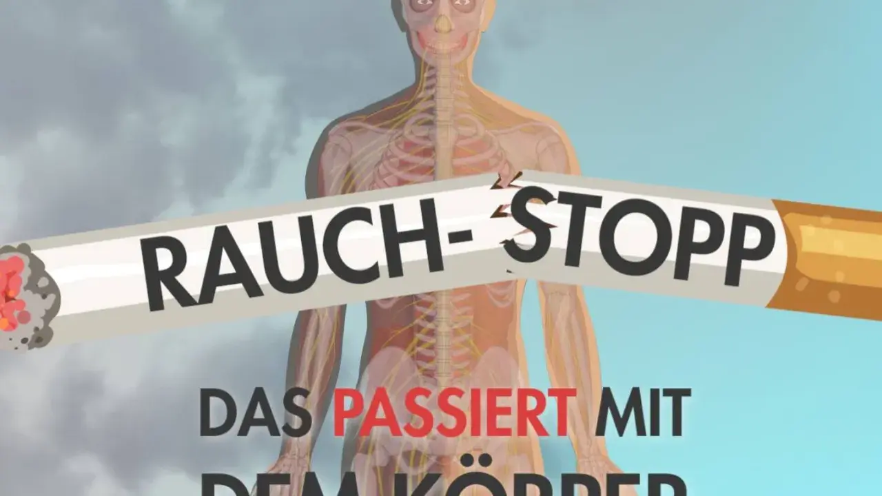 Rauch-Stopp: Ein zerbrochenes Zigarettenstück überlagert die Darstellung eines menschlichen Körpers mit Nerven und Knochen. Der Text darunter warnt: "Das passiert mit dem Körper". Der Puls des Körpers wird durch das Rauchen beeinträchtigt.
