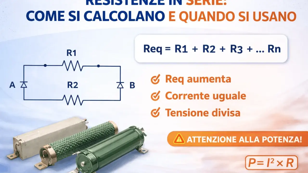Schema di resistenze in serie con formula Req=R1+R2+...Rn. La resistenza elettrica totale aumenta, la corrente è uguale e la tensione si divide.