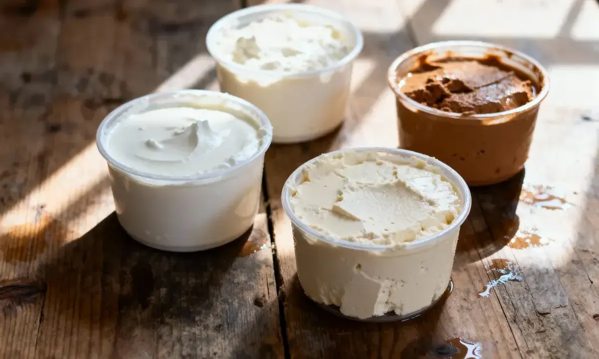 Composition de quatre pots de produits laitiers crémeux, dont une ricotta au chocolat, sur une table en bois rustique.