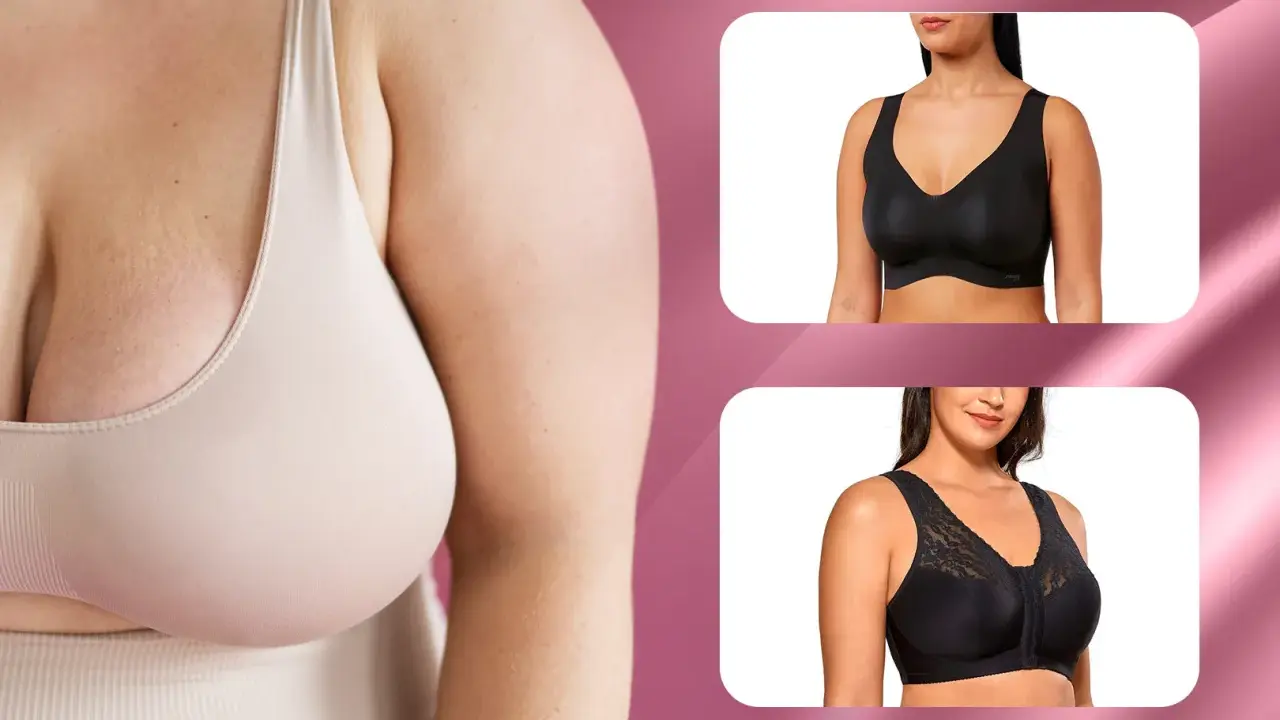 Un seno a campana valorizzato da un reggiseno beige. A destra, due modelli neri: uno liscio e uno con pizzo.