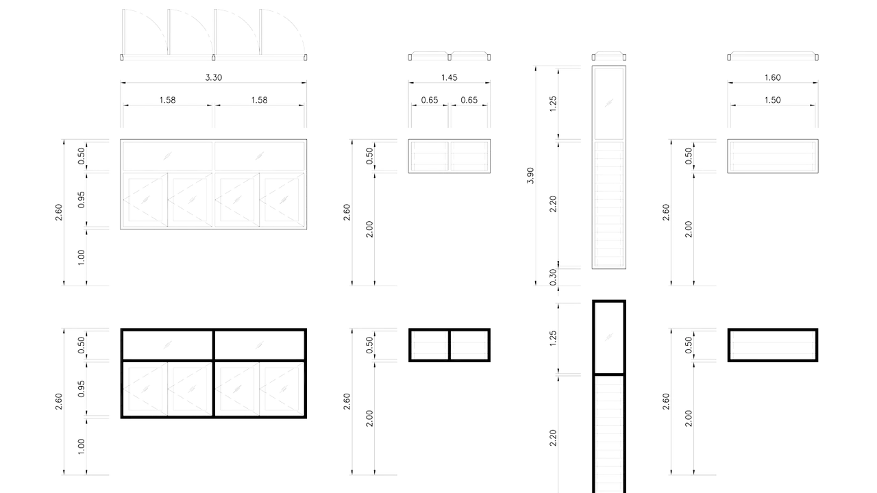 Planos de ventanas con diferentes medidas estandar. Se muestran vistas frontales y laterales con cotas.