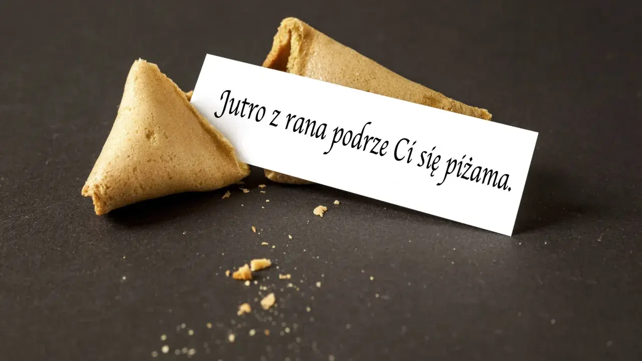 Złamane ciastko z wróżbą, na kartce śmieszne wróżby: "Jutro z rana podrze Ci się piżama.