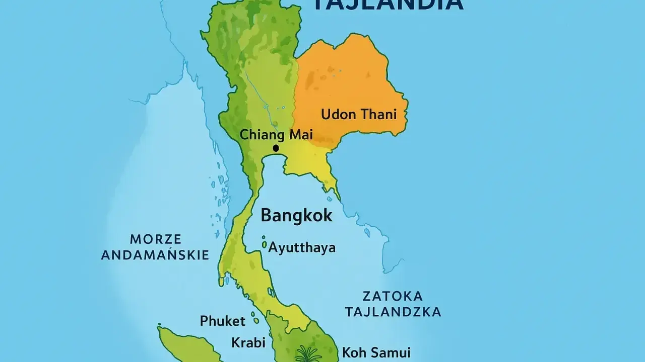 Mapa pokazuje, gdzie leży Tajlandia, z zaznaczonymi miastami jak Bangkok, Chiang Mai i wyspami Phuket i Koh Samui, otoczona Morzem Andamańskim i Zatoką Tajlandzką.