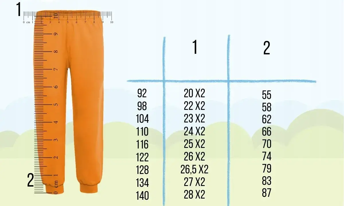 Pomarańczowe spodnie obok miarki. Tabela rozmiarów: rozmiar 104 jaki wiek? 23x2, 62.