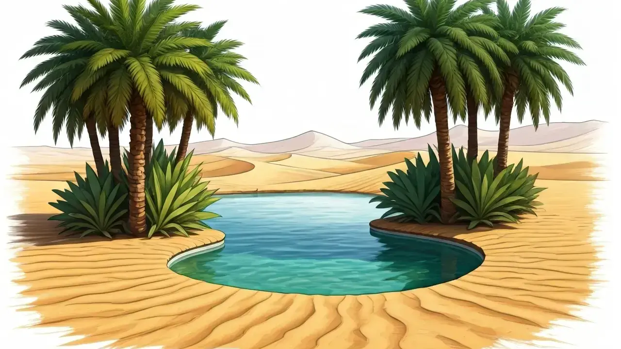 Un oasis de palmiers et d'eau bleue au milieu des dunes de sable. Un havre de paix dans le désert.
