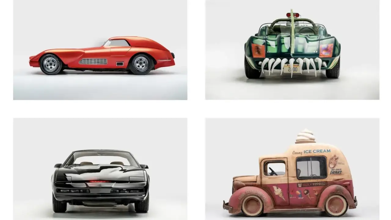 Colección de coches mas famosos: el rojo futurista, el verde monstruoso, el negro KITT y un camión de helados vintage.