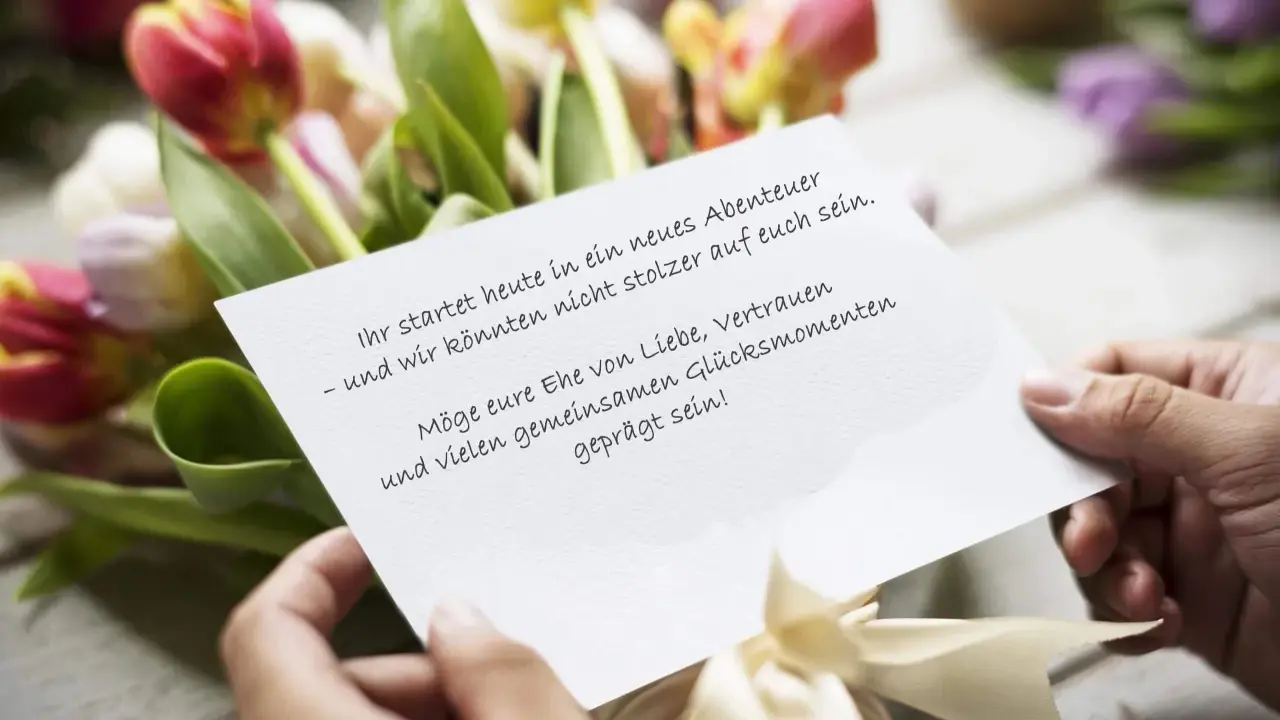 Hände halten eine Karte mit emotionalen Hochzeitswünschen vor einem Tulpenstrauß.