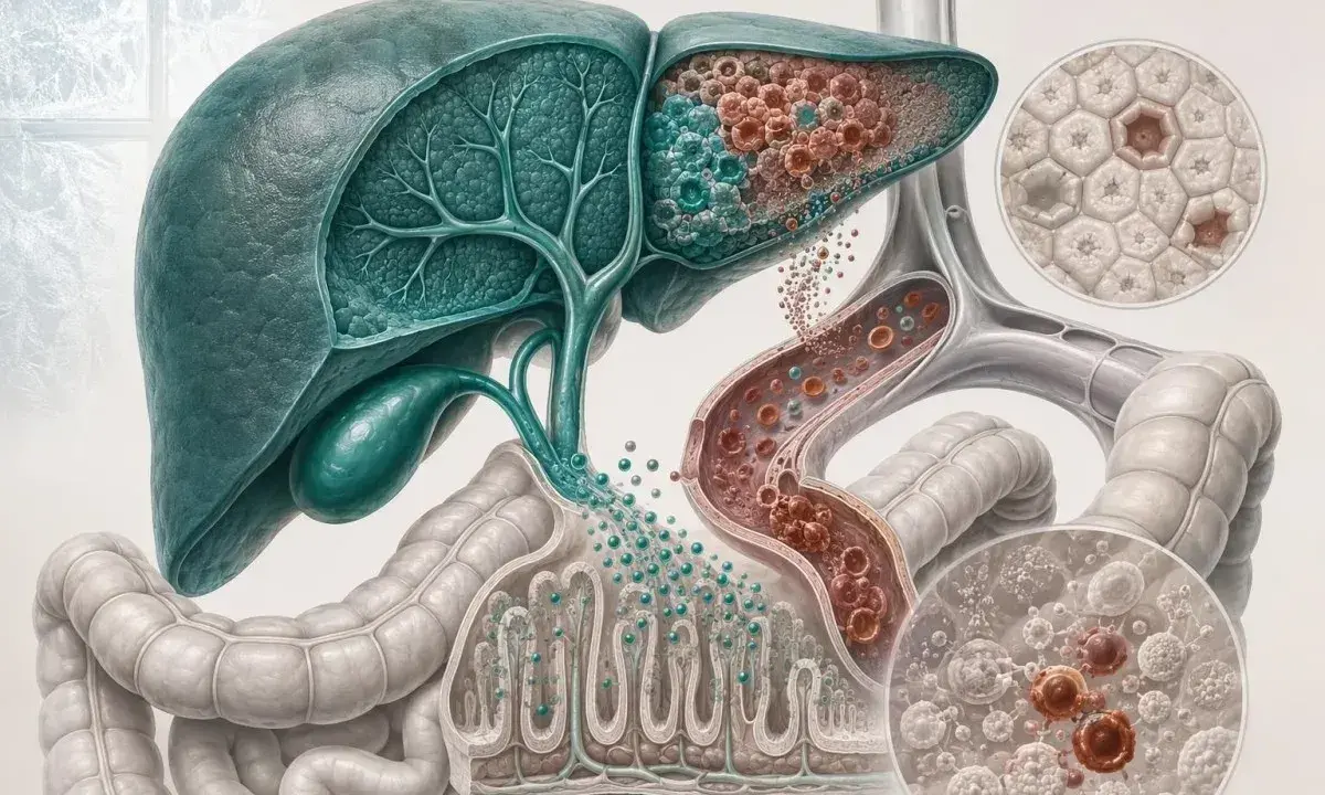 Fegato e intestino con dettagli di cellule, vasi sanguigni e un ingrandimento che mostra la mutazione G20210A.