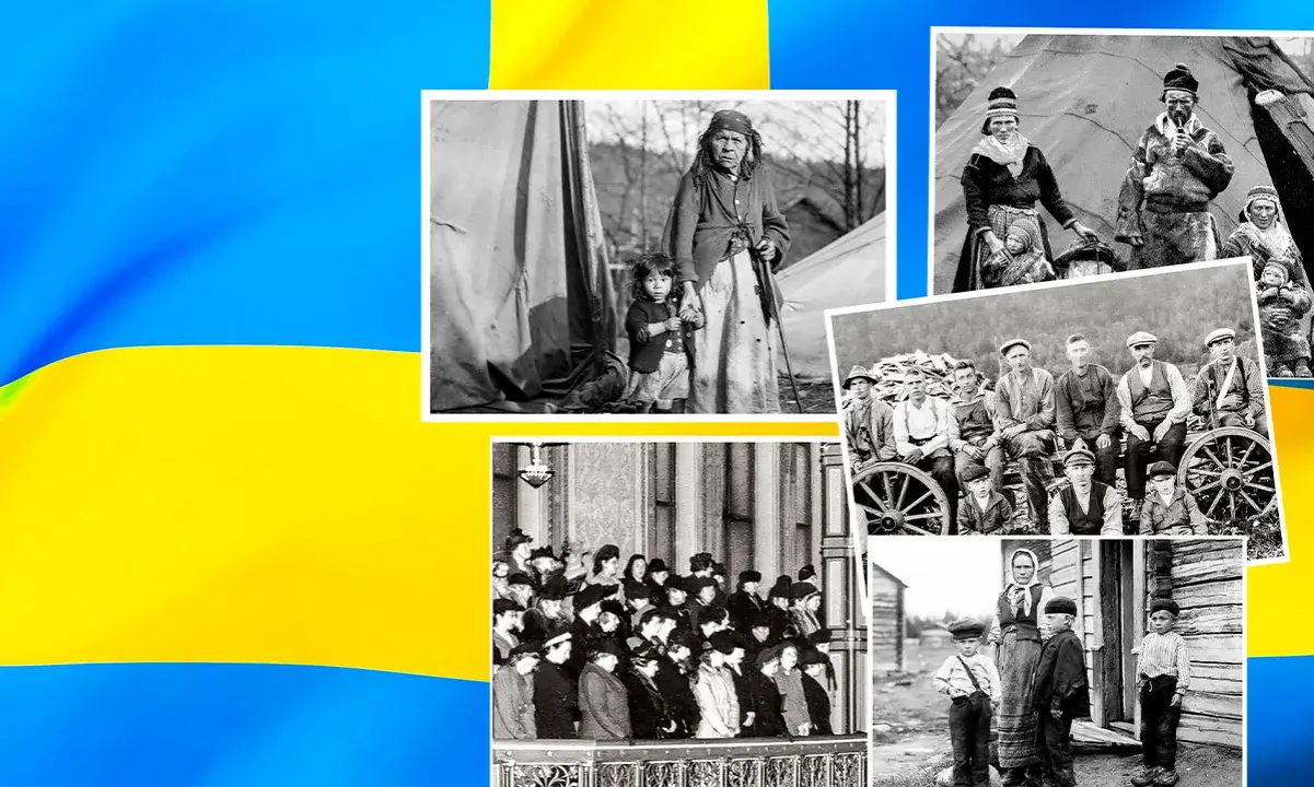 Historiska bilder av olika grupper, inklusive samer, visar Sveriges nationella minoriteter.