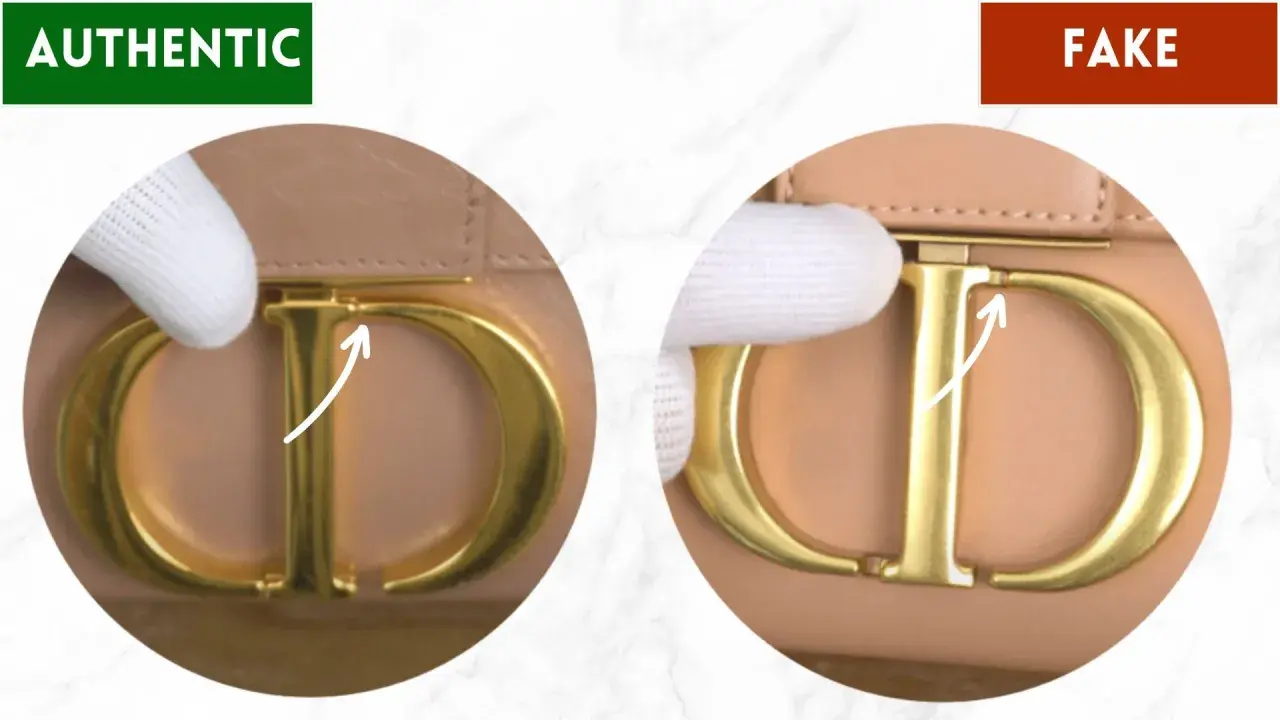 Vergleich von Dior-Taschen: Echtheit prüfen. Links: authentisch, rechts: gefälscht. Achten Sie auf Details wie den CD-Verschluss.