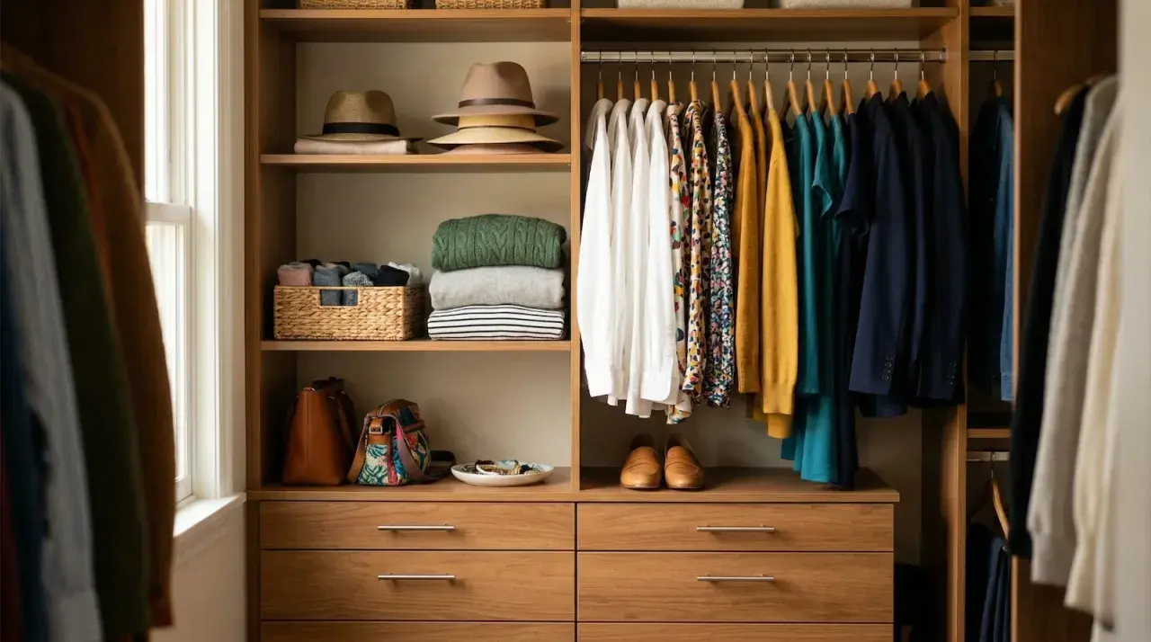 Un dressing bien rangé avec des chapeaux, des pulls pliés, des sacs et des vêtements suspendus. Idéal pour ranger son dressing.
