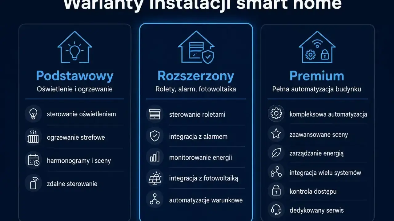 Warianty smart home: od podstawowego sterowania oświetleniem z telefonu, przez rozszerzone funkcje, po pełną automatyzację budynku.