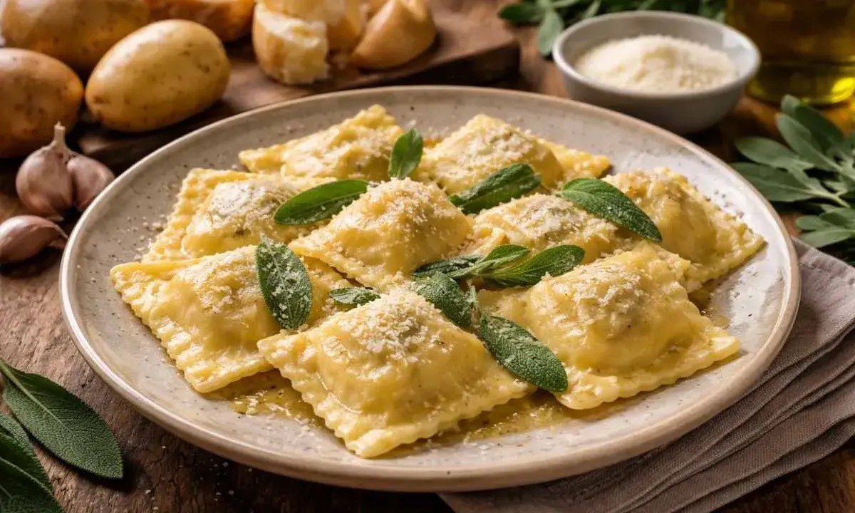 Un piatto di tortelli del Mugello, ripieni e conditi con burro, salvia e parmigiano. Sullo sfondo patate, aglio e ingredienti per la preparazione.