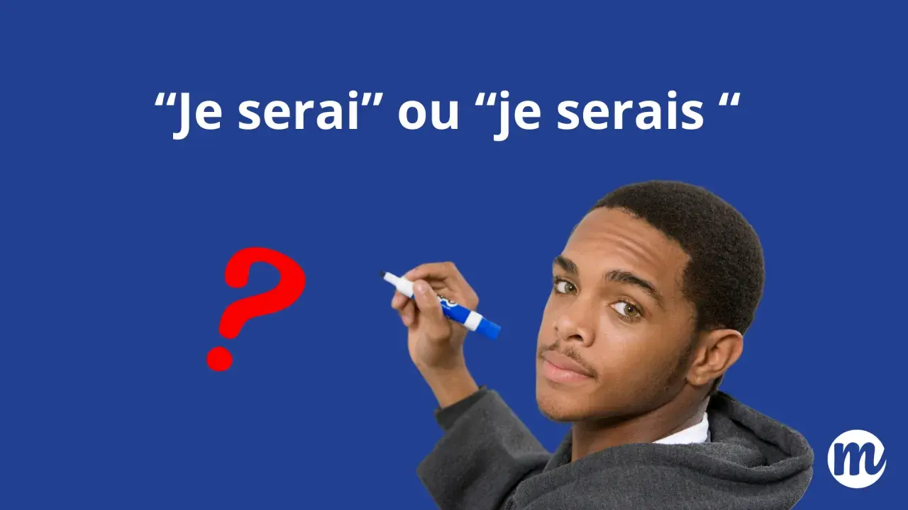 Un jeune homme réfléchit à la différence entre "je serai" et "je serais", un point d'interrogation rouge à côté.