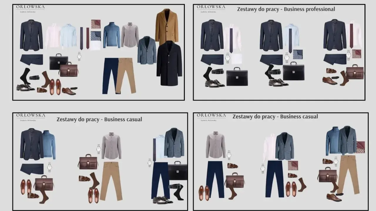 Kolekcje ubrań w stylu business casual: marynarki, koszule, spodnie, buty, torby i akcesoria.