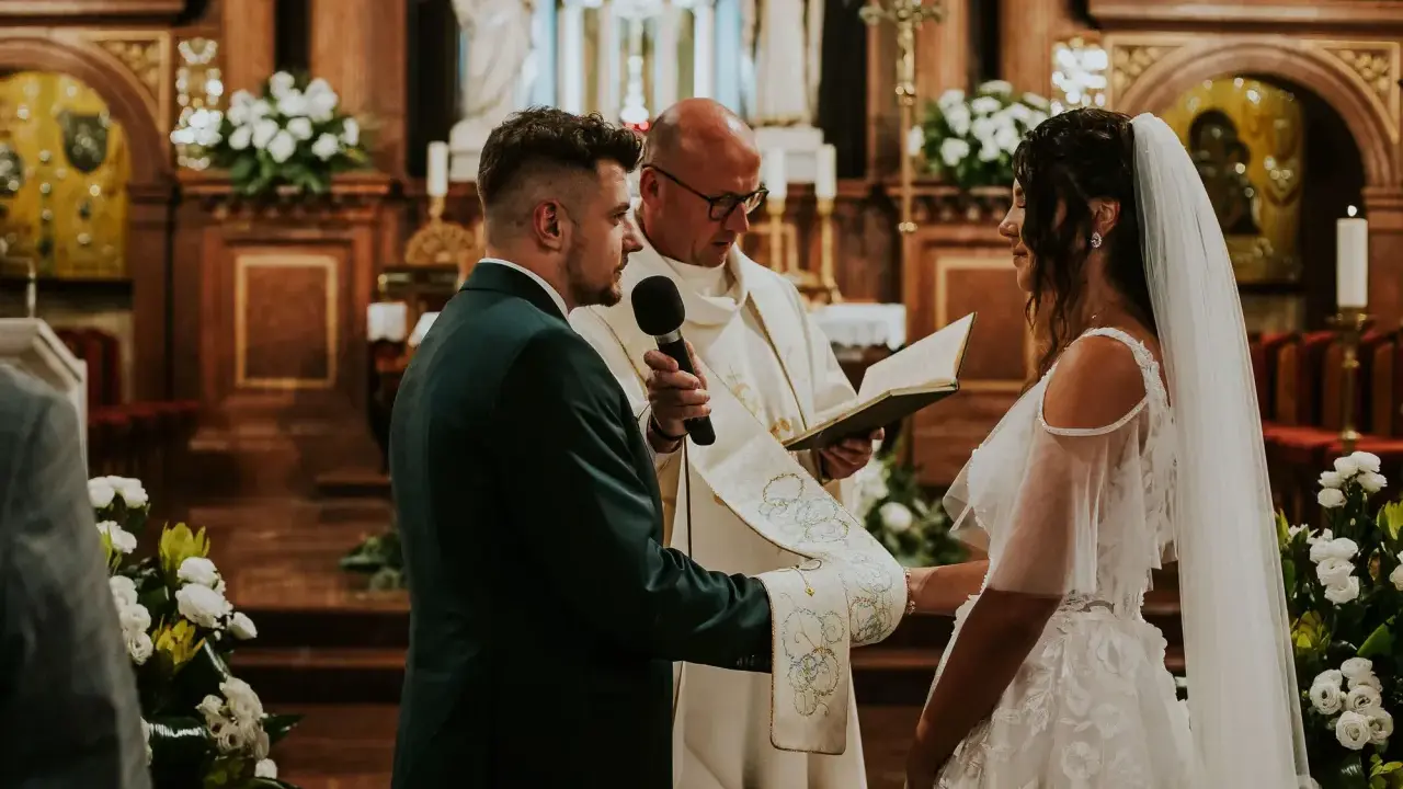 Para Młoda w kościele, kapłan czyta z księgi. Ślub kościelny to sakrament, który daje łaskę i błogosławieństwo.