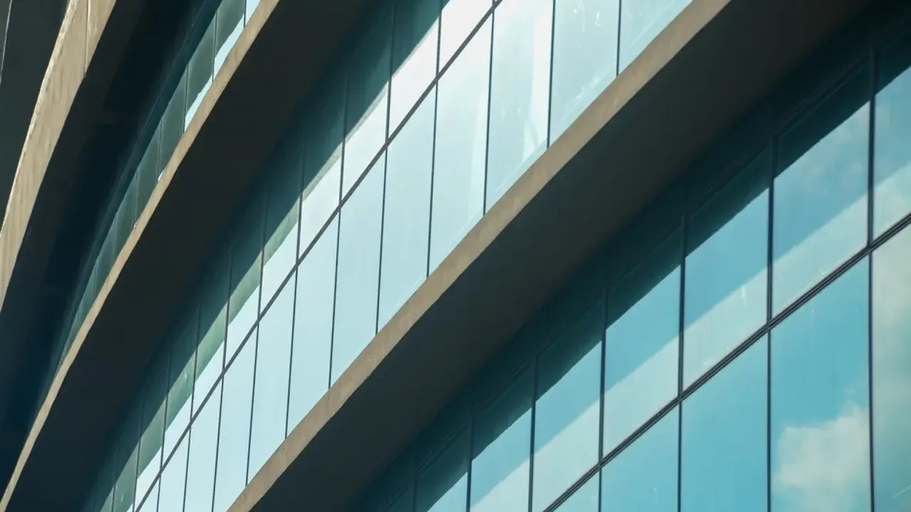 Fachada de edificio moderno con paneles de cristal azul que reflejan el cielo. El **solar glass** captura la luz del sol para generar energía.